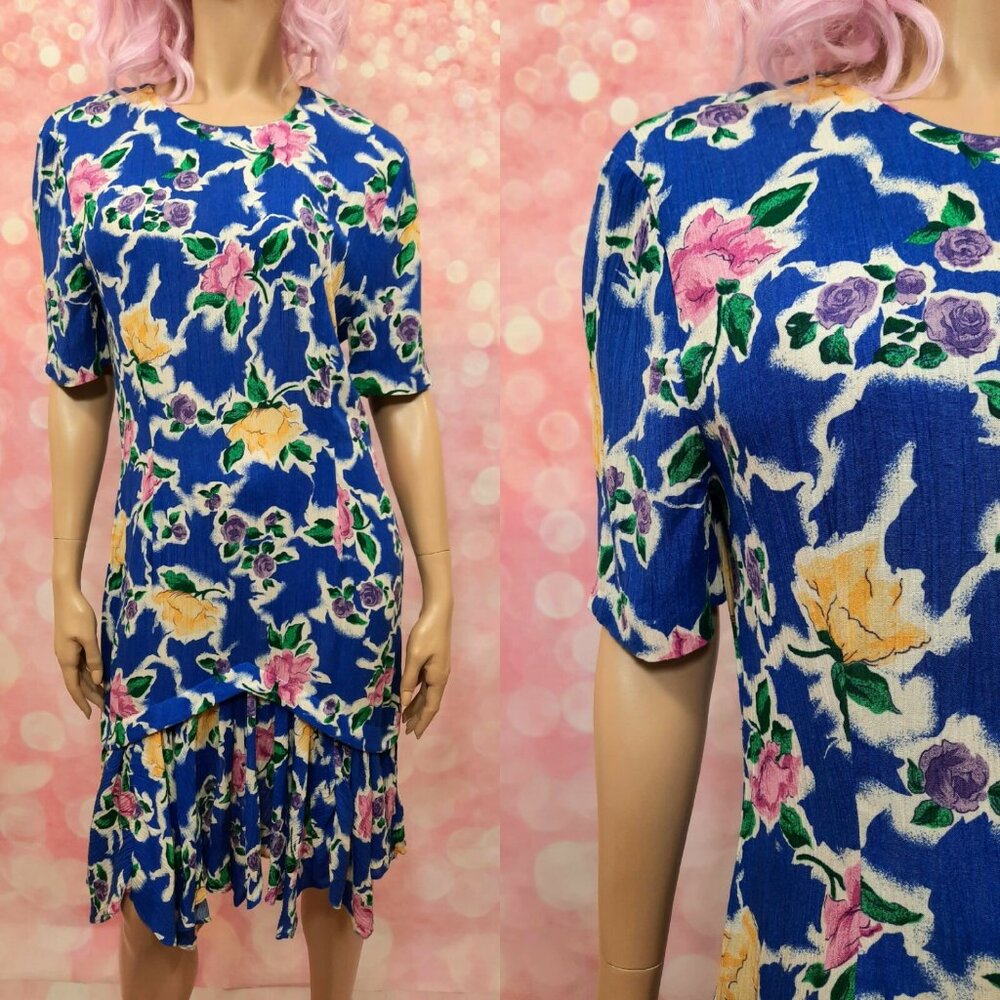 Vintage 80s Casual Corner Blue Floral Dress Size M short Sleeve Below Knee